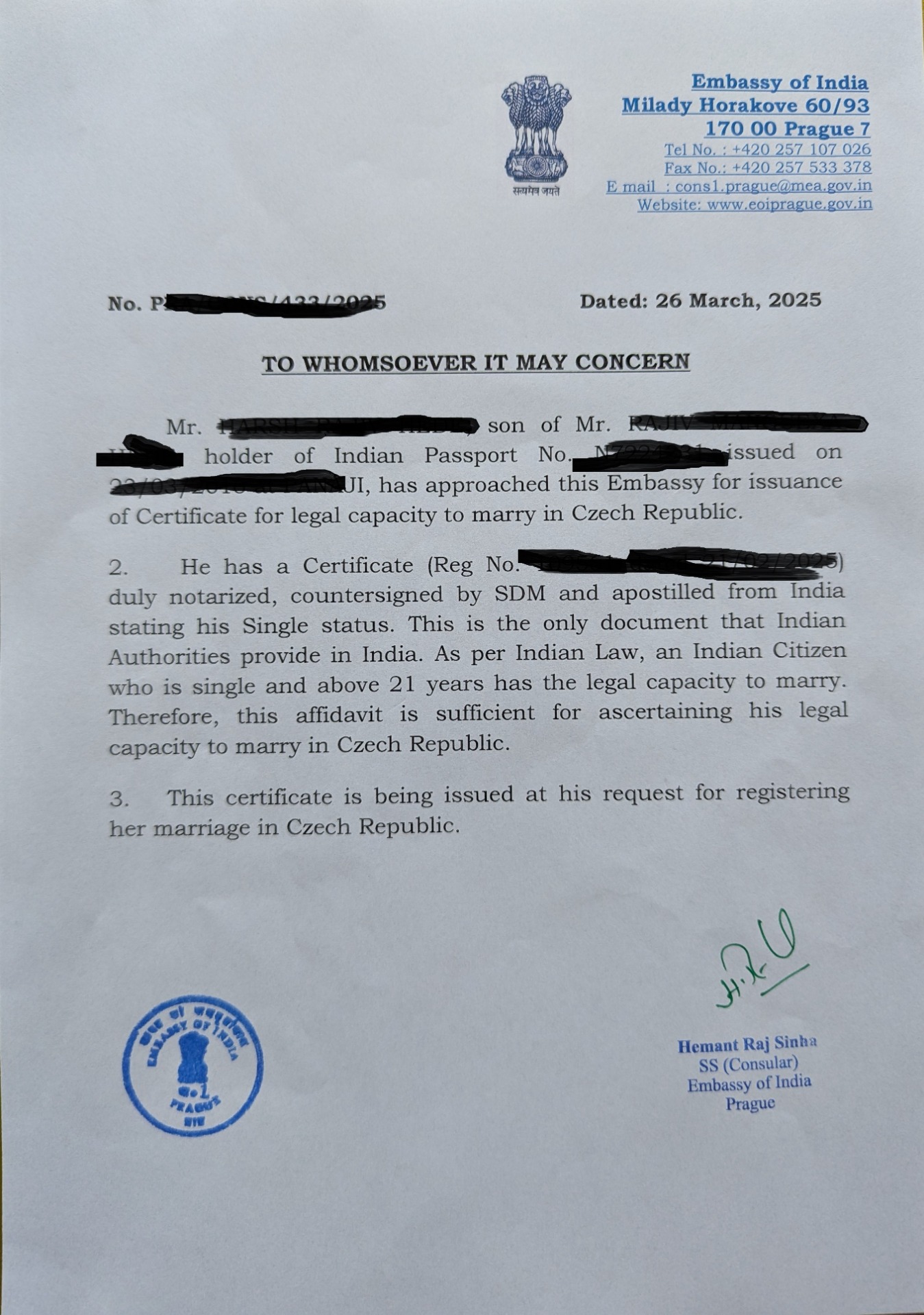 Potvrzení z indického velvyslanectví