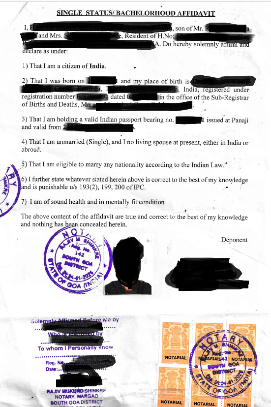 Single Status/Bachelorhood Affidavit